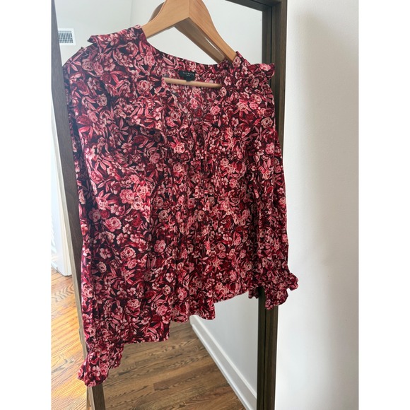 Talbots Tops - Talbots Petite Red Floral Pintuck Ruffle Tie Neck Cotton Blouse SP Womens